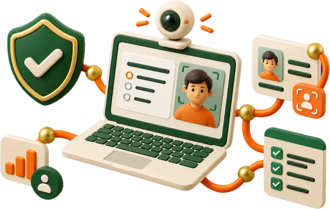 Illustration of a proctored assessment: a laptop showing a test in progress with the candidate on camera, a verification badge, an identity check and a results list.